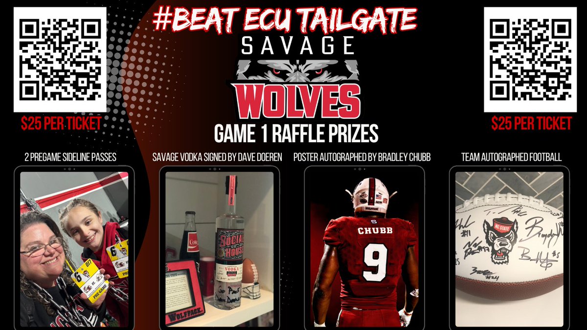 SavageWolvesNIL's tweet photo. Join us a week from today right next to the @AndySAlbright Scoreboard for a free SAVAGE Tailgate to kick off the season! RSVP and lock in your spot for:

🔴 Food from Sam Jones BBQ
🔴 Giveaways from Celsius and Savage Wolves
🔴 Meet Wolfpack 🏀 coach @CoachWadeNCSU & players
🔴 Raffle for exclusive prizes

RSVP for tailgate- https://t.co/YriuGDukCq

Purchase raffle tickets ($25 per entry)- https://t.co/smUV8dOtwk