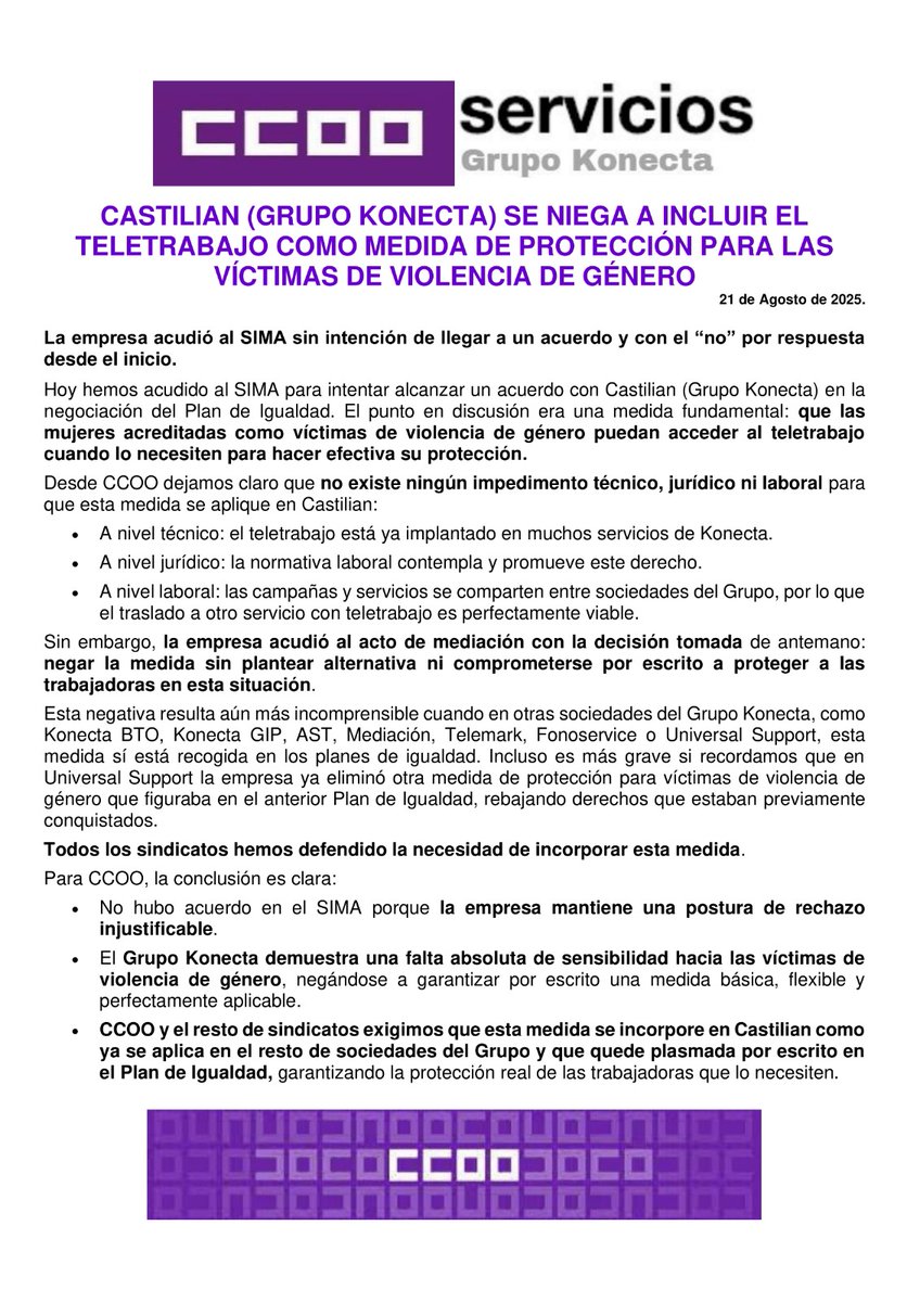 ccoo_konecta's tweet photo. Así es: CASTILIAN SE NIEGA AL TELETRABAJO PARA LAS VÍCTIMAS DE VIOLENCIA DE GÉNERO.
Pese a la petición por parte de todos los sindicatos, una vez más, NO HA HABIDO ACUERDO.
No obstante, no dejaremos de luchar.
#ccoo #ccookonectaservicios #ccoosiempreatulado #ccooenlucha https://t.co/iYPbd2oIpA