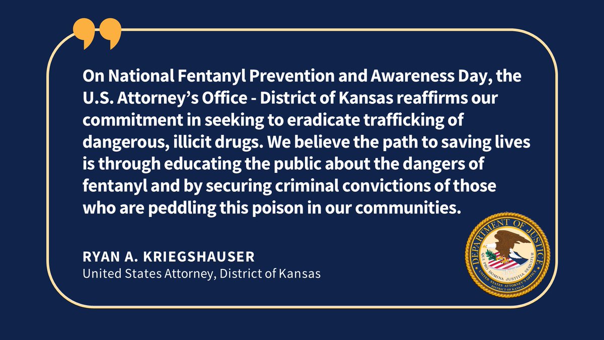 <a href="/USAO_Kansas/">US Attorney Kansas</a> shares a message on this National Fentanyl Prevention and Awareness Day.  #nationalfentanylawarenessday #justKnow   dea.gov/fentanylawaren…  <a href="/DEAKansasCity/">DEA Kansas City</a> <a href="/DEAHQ/">DEA HQ</a>  <a href="/USAttorneys/">U.S. Attorneys</a>