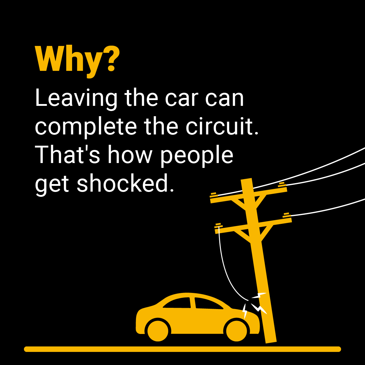 MythBuster: If a power line lands on your car, get out fast. The truth?  Stay inside unless the car is on fire. Leaving the vehicle could complete  the circuit and cause a, image size:1200x1200