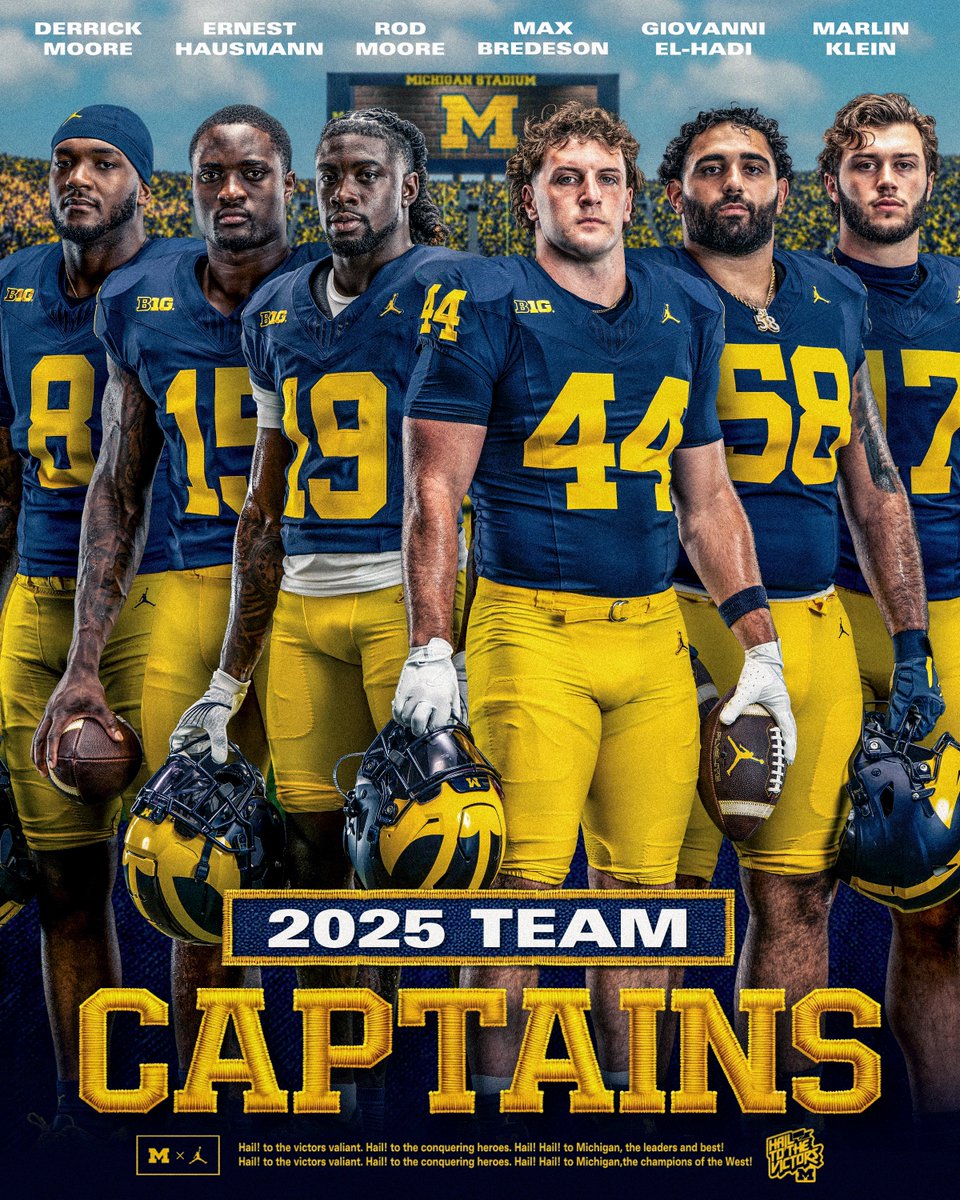 Michigan Football (@umichfootball) on Twitter photo 2025 Team Captains
<a href="/BredesonMax/">Max Bredeson</a>, <a href="/Rodmoorejr/">Rod moore 9️⃣4L</a>, <a href="/giovanni_hadi63/">Giovanni El-Hadi</a>, <a href="/Ernest_Hausmann/">Ernest Hausmann</a>, <a href="/_marlin_1709/">Marlin Klein</a>, <a href="/Big8DMoore/">Derrick Moore🎱</a>
#GoBlue 2025 Team Captains
<a href="/BredesonMax/">Max Bredeson</a>, <a href="/Rodmoorejr/">Rod moore 9️⃣4L</a>, <a href="/giovanni_hadi63/">Giovanni El-Hadi</a>, <a href="/Ernest_Hausmann/">Ernest Hausmann</a>, <a href="/_marlin_1709/">Marlin Klein</a>, <a href="/Big8DMoore/">Derrick Moore🎱</a>
#GoBlue