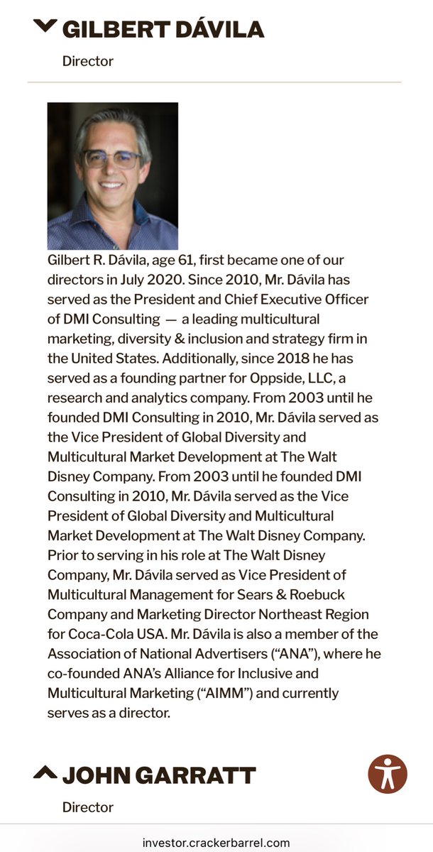 Meet Gilbert Davila, one of the board members for Cracker Barrel. He’s led a DEI strategy firm since 2010 AND he was a VP working on "Diversity" at Disney. That’s his experience.

He also pushes for DEI in advertisements.

Cracker Barrel is infested with DEI &amp; wokeness.