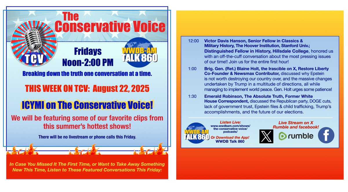 The Conservative Voice (@tcvoicewwdb) on Twitter photo Tune in tomorrow at noon to listen to some of the hottest conversations from this summer! <a href="/VDHanson/">Victor Davis Hanson</a> <a href="/the_irascible/">The Irascible (Blaine Holt)</a> <a href="/EmeraldRobinson/">Emerald Robinson ✝️</a> Thank you for joining us on The Conservative Voice! Tune in tomorrow at noon to listen to some of the hottest conversations from this summer! <a href="/VDHanson/">Victor Davis Hanson</a> <a href="/the_irascible/">The Irascible (Blaine Holt)</a> <a href="/EmeraldRobinson/">Emerald Robinson ✝️</a> Thank you for joining us on The Conservative Voice!