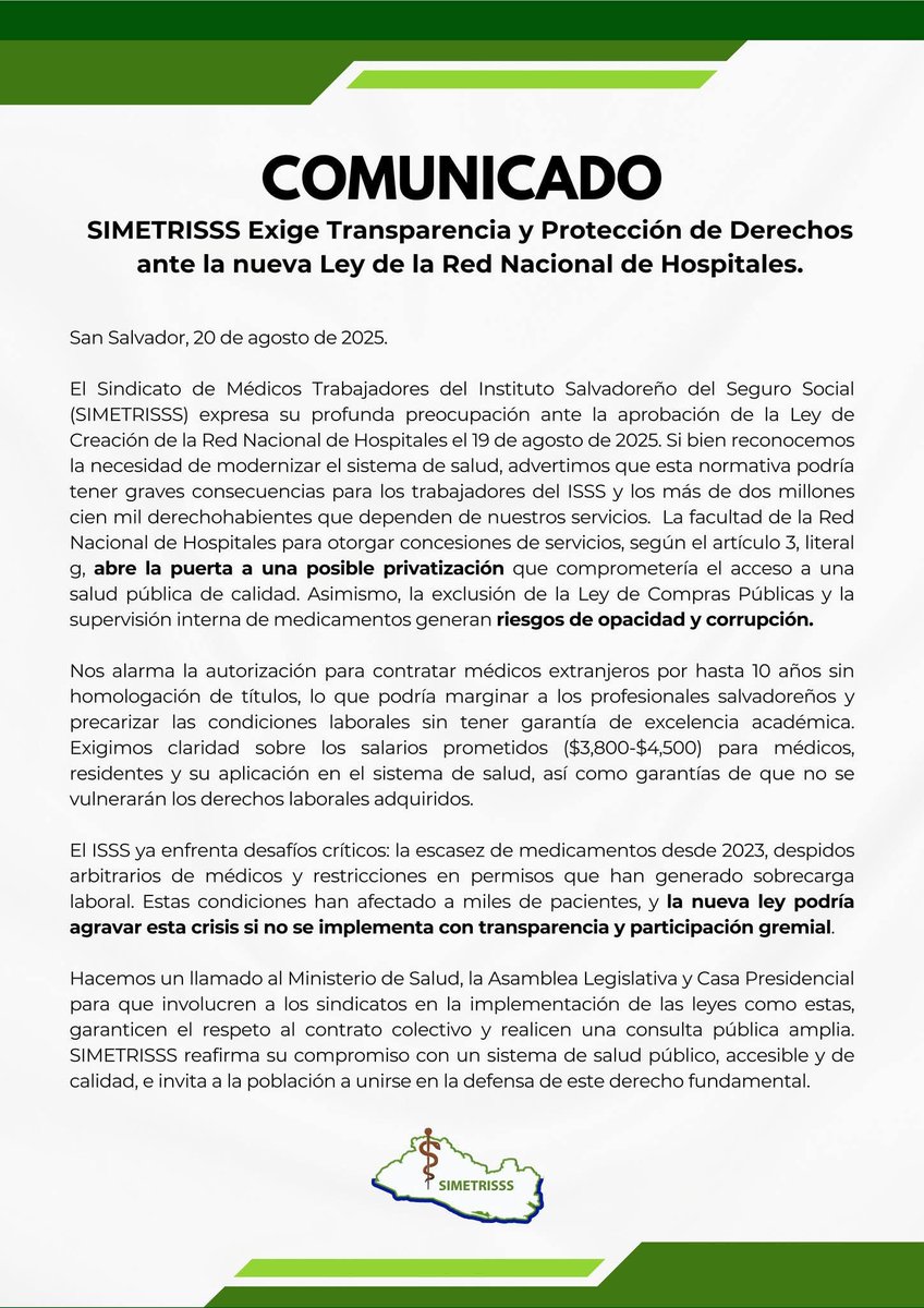 El Sindicato de Médicos Trabajadores del Instituto Salvadoreño del Seguro Social, advirtió que esta nueva ley podría comprometer el acceso a la salud, a través de una posible privatización del sistema, aunque el Gobierno ha negado esta posibilidad. El sindicato también advirtió