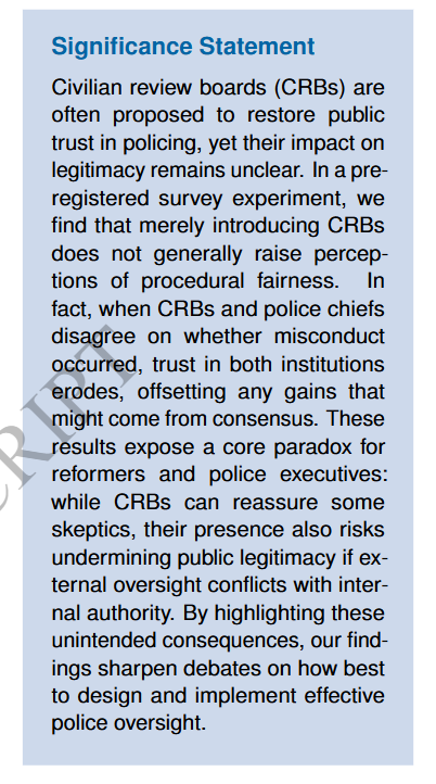Now online at <a href="/PNASNexus/">PNAS Nexus</a>!

Does civilian oversight impact police legitimacy?

with Kaylyn Schiff, Daniel Schiff, Bryant Moy, Scott Mourtgos, and <a href="/ian_t_adams/">Ian T. Adams</a>