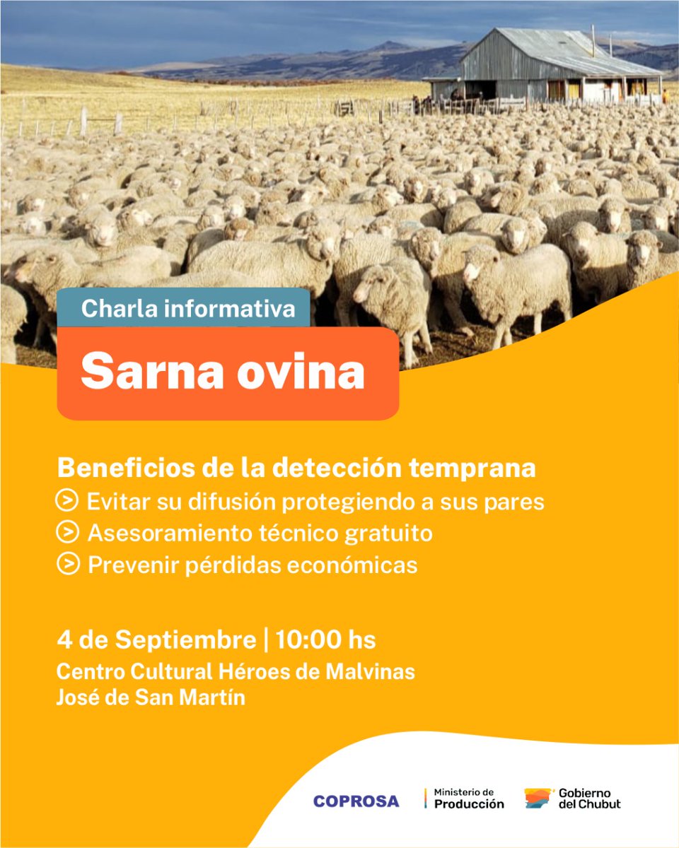 #CharlaInformativa
PRODUCTORES OVINOS
👉El Ministerio de Producción, junto a COPROSA los  invita a participar de la Charla preventiva sobre "Sarna Ovina" . 
🗓️04 de septiembre
⏰10:00 hs
📍José de San Martín, Centro Cultural Héroes de Malvinas
¡No te lo pierdas!