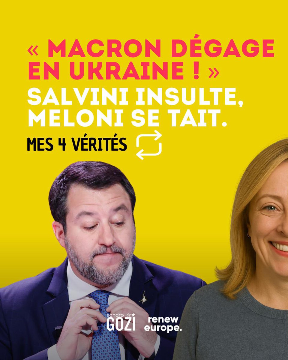 sandrogozi's tweet photo. Au moment où l’UE doit montrer unité et détermination, Salvini choisit l’insulte et Meloni choisit le silence. Résultat : une Italie divisée et décrédibilisée. Tandis que Macron agit pour l’Ukraine et la sécurité européenne, le duo Meloni-Salvini affaiblit notre action commune. https://t.co/5HRvwAtNfT