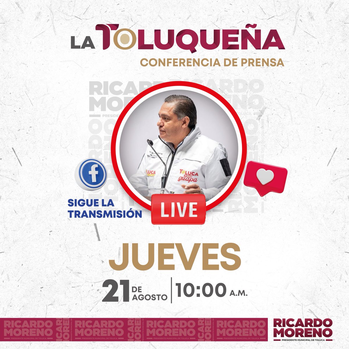 rimoba's tweet photo. 📢 ¡En unos minutos arrancamos! 🎥

Conéctate a la transmisión en vivo de #LaToluqueña a través de mi página oficial y la del @TolucaGob.
Te contaremos lo que estamos haciendo por nuestra ciudad y cómo tú formas parte de esta transformación. 💬🤝

Obras, programas, acciones y todo lo que estamos llevando a cabo para lograr una Toluca de oportunidades y progreso. 

#RicardoMoreno
#TolucaCapitalDeOportunidadesYProgreso