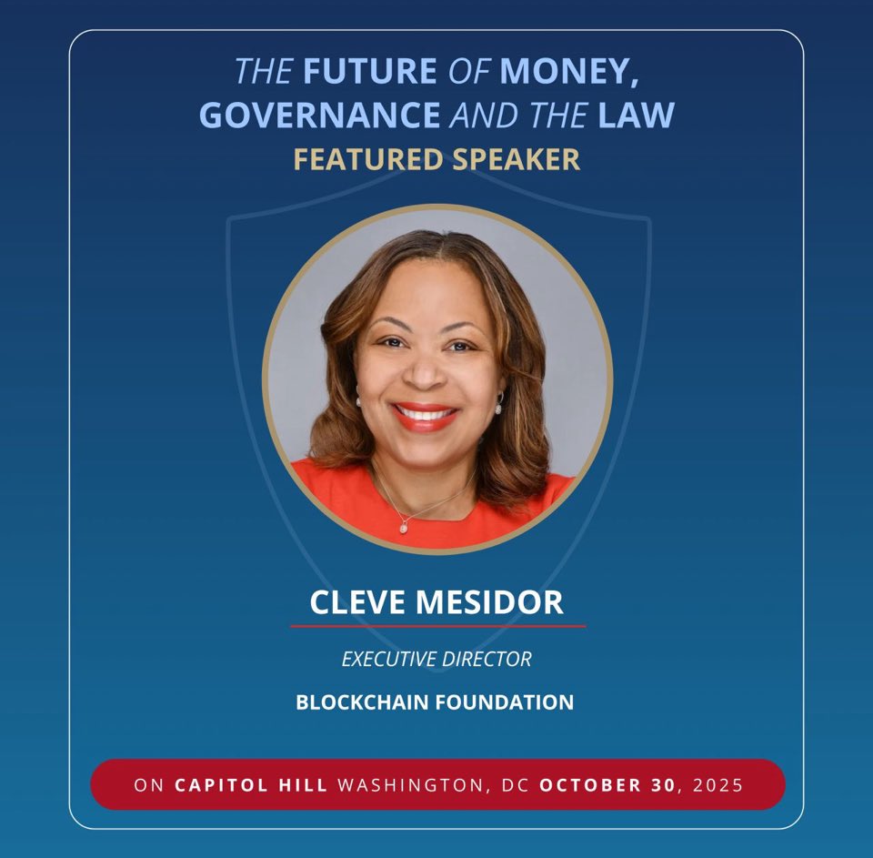 The Future of Money, Governance &amp; Law comes to Capitol Hill

Blockchain Foundation Executive Director Cleve Mesidor features as a key speaker on crypto policy

October 30, 2025 | U.S. Capitol, Washington, DC

This is where Washington insider meets Web3 expertise 🧵