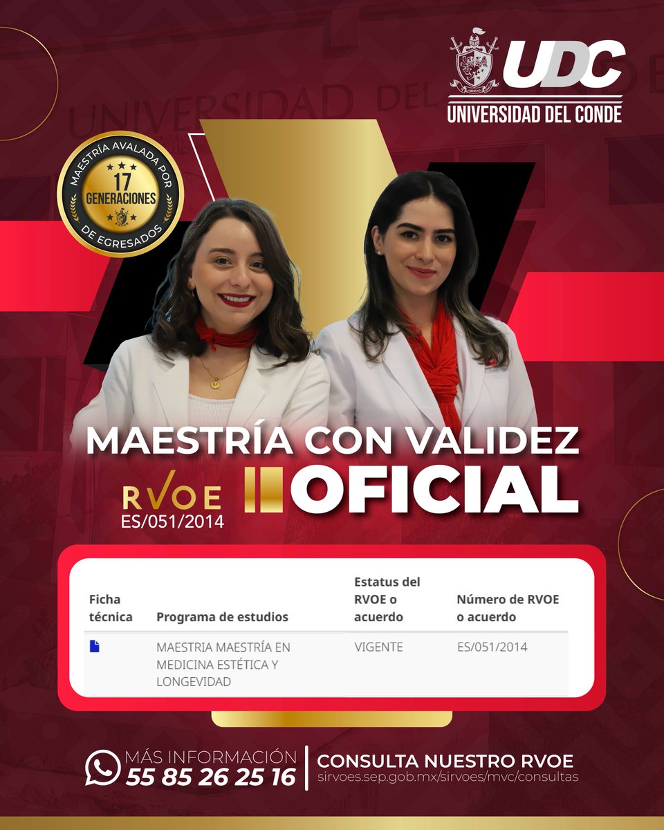 En UDC nos enorgullece ofrecer una Maestría en Medicina Estética con RVOE oficial vigente (ES/051/2014) , reconocido por la SEP.

👉 No te dejes confundir, la información oficial siempre será tu mejor guía. Da clic aquí para consultar el RVOE: sirvoes.sep.gob.mx/sirvoes/mvc/co…