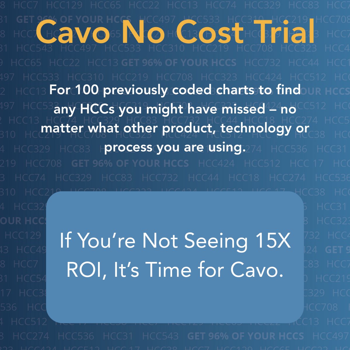 CavoHealth's tweet image. 🤔How many HCCs are you missing?
@CavoHealth: We’ll review 100 previously coded charts to find missed HCCs, no matter what product or process you use.
🚀Proven 15X ROI. Ready to see the difference?
👉lnkd.in/gfFQPTC7
#ROI #RiskAdjustment #PreciseWordMatchingAI #HCC