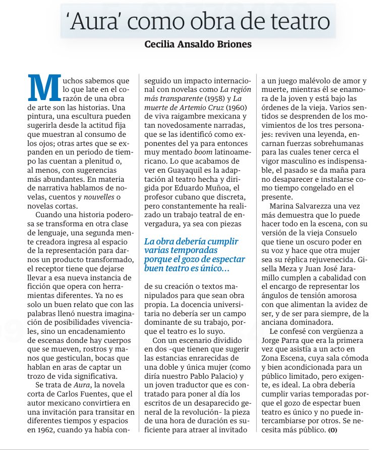 Artículo de <a href="/ceciliaansaldo/">Cecilia Ansaldo</a> sobre la obra de teatro Aura de Carlos Fuentes, adaptada brillantemente por <a href="/edu_mfdz/">Eduardo Muñoa</a> 

Muchos sabemos que lo que late en el corazón de una obra
de arte son las historias. Una pintura, una escultura pueden sugerirla desde la actitud fija que muestran
