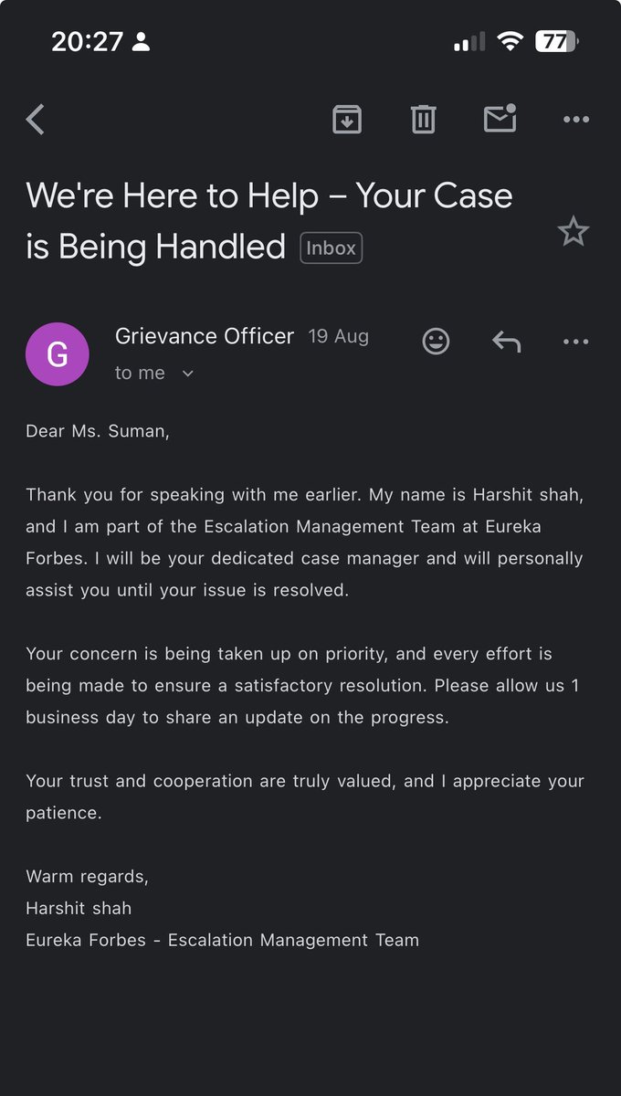Raajpratim's tweet photo. @EurekaForbes This the reply given by your manager. https://t.co/LwY18tS0Ld