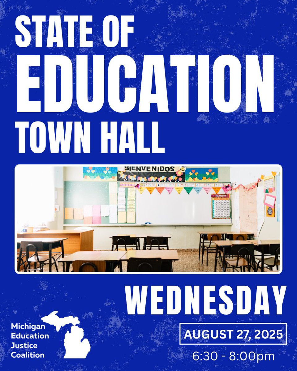 Michigan's public schools are facing attacks at the local, state, and federal levels. Join us at our State of Education Town Hall next Wednesday to learn about what's at stake, and how YOU can help protect our schools 🤲🏾

To learn more and RSVP: actionnetwork.org/events/educati…