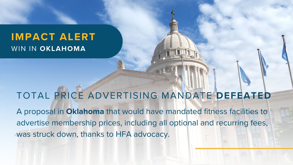Two new victories in the books💪 Wins in Maine and Oklahoma mean fewer burdens and more freedom for fitness businesses to serve their communities. HFA’s got your back—always!

#FitnessAdvocacy #HFAAdvocacy