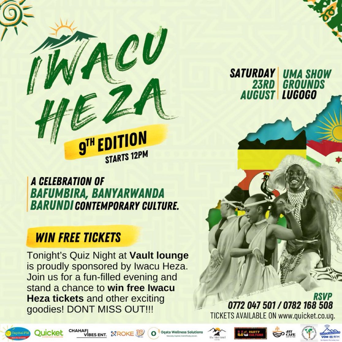 oscarmoses19's tweet image. Get ready for a fun night
Join @IwacuHeza01 TONIGHT at 7 pm at @VaultUg for #QuizzinAndSippin and stand Win (a) ticket(s) to #iwacuheza25 and other awesome prizes. 
Don&apos;t miss out.