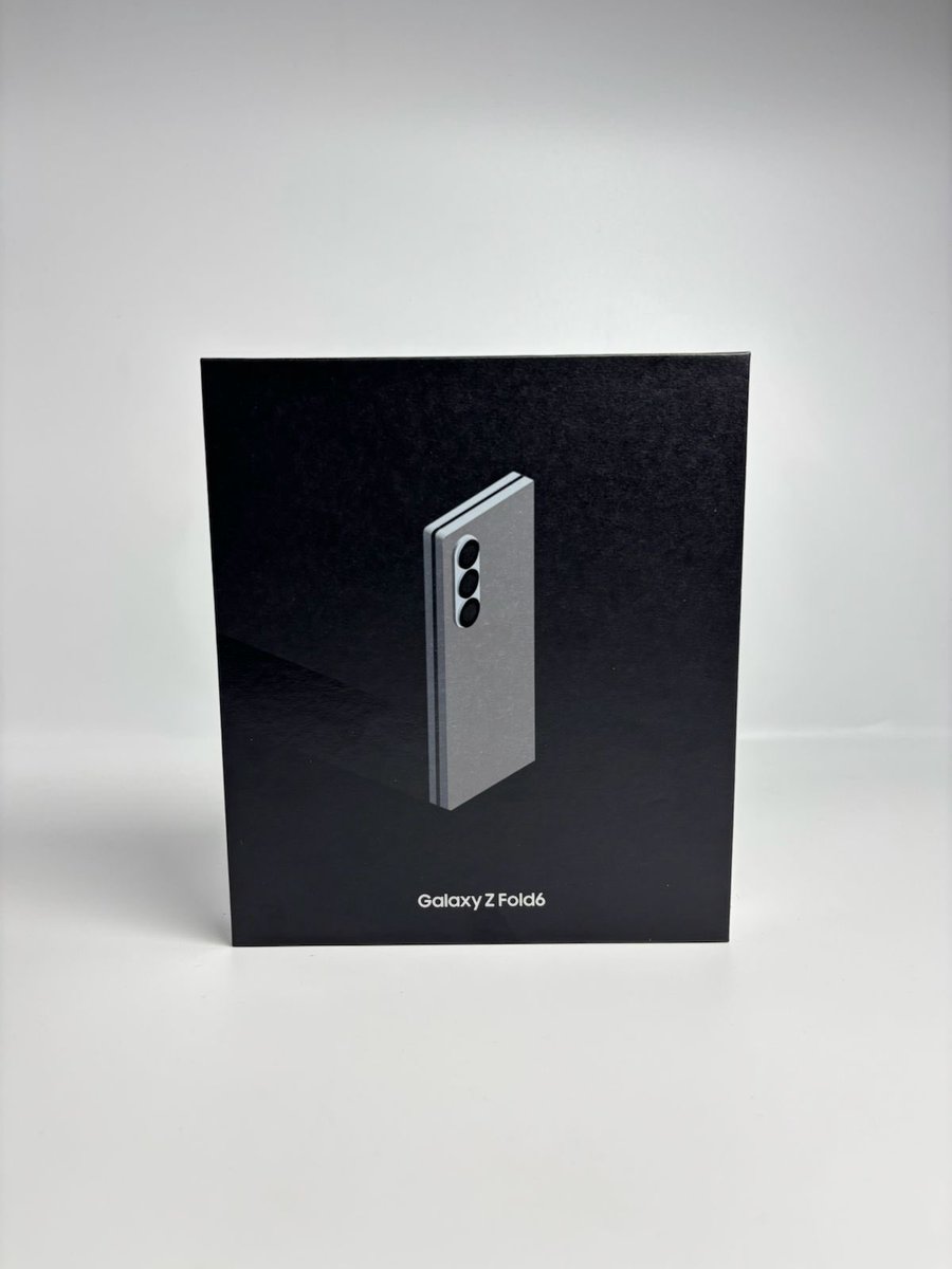 Black Samsung Galaxy Z Fold6 box with silver foldable phone silhouette