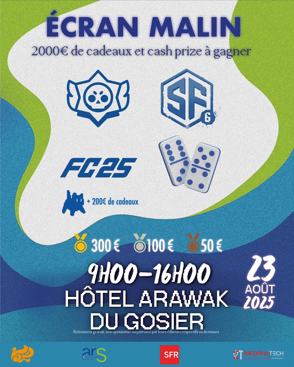 Écran Malin ! Samedi 23 Août de 9h à 16h à l'hôtel Arawak au Gosier (Entrée gratuite)
Tournois de Domino / FC25 / SF6 / Brawl Stars

2000 € de cask prize et cadeaux
Des jeux en accès libre 

#k2 #karukeraesports #k2esports #esports #ecranmalin #guadeloupe #esportsguadeloupe