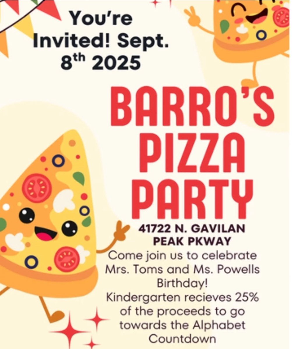 Canyon Springs STEM Academy (@canyonspringsdv) on Twitter photo 🍕 Save the Date! 🍕
Join us Sept. 8 at <a href="/barrospizza/">Barro's Pizza</a> to support our Kindergarten Fundraiser! 💛 Proceeds help fund the beloved Alphabet Countdown ✨—a fun end-of-year tradition for our youngest learners.
<a href="/DVUSD/">Deer Valley Unified School District</a> <a href="/DrFinchDVUSD/">Curt Finch, PhD</a> 🍕 Save the Date! 🍕
Join us Sept. 8 at <a href="/barrospizza/">Barro's Pizza</a> to support our Kindergarten Fundraiser! 💛 Proceeds help fund the beloved Alphabet Countdown ✨—a fun end-of-year tradition for our youngest learners.
<a href="/DVUSD/">Deer Valley Unified School District</a> <a href="/DrFinchDVUSD/">Curt Finch, PhD</a>