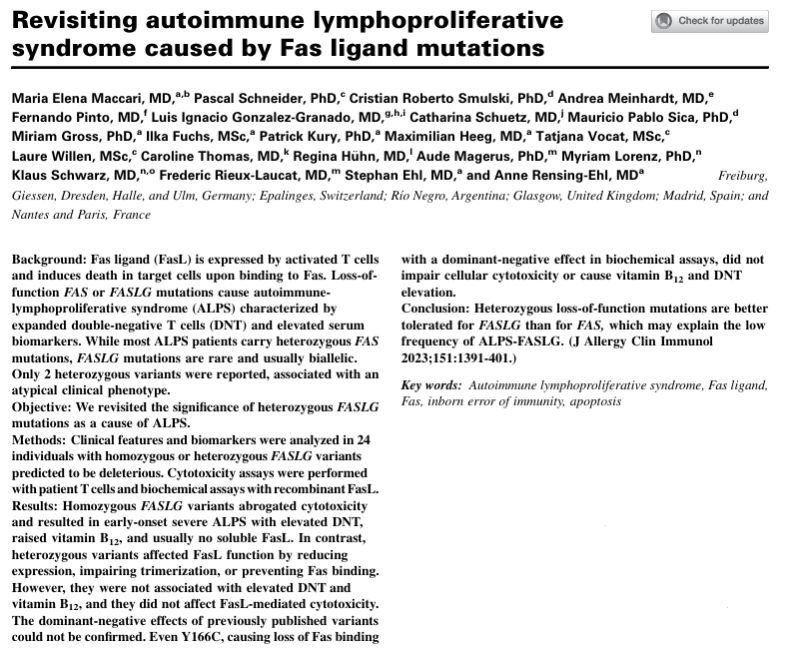 AlexStibi's tweet photo. A key paper that clarifies the implications of reported #heterozygous FasL variants for an ALPS (#autoimmune #lymphoproliferative syndrome) diagnosis!!
A short thread with its findings 🧵
🔗https://t.co/NXsn8zFRne https://t.co/wtJl0HyDBb