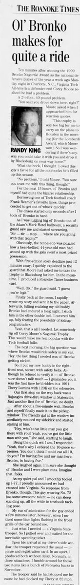 Randy's column of driving back to Blacksburg with the Bronko Nagurski Award that Corey Moore just won explains why Moore respected King so much. #Hokies