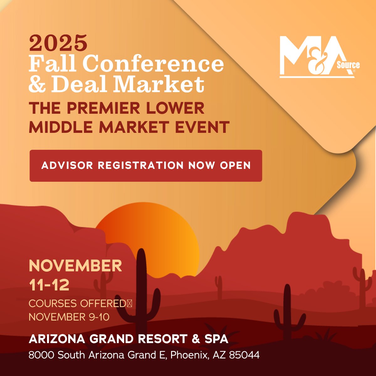 MAsource's tweet image. Advisor registration is NOW OPEN! Take advantage of early bird savings and join us for dealmaking, education, and networking in Phoenix this November: masconference.org

#MASConference #MASDealMarket