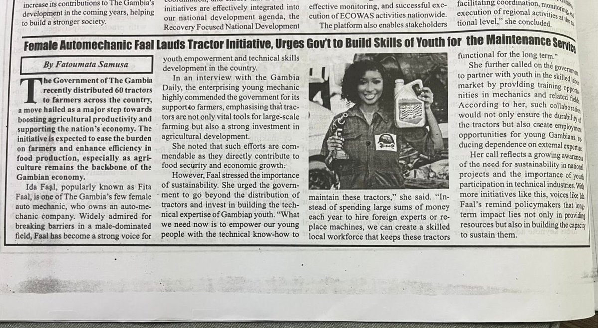 Honored to be featured in The Daily News.

The government’s tractor initiative is a bold step for food security.
But sustainability requires partnering with local technicians &amp; empowering youth with skills.
This is how we create jobs, resilience &amp; unlock Gambia’s true potential.
