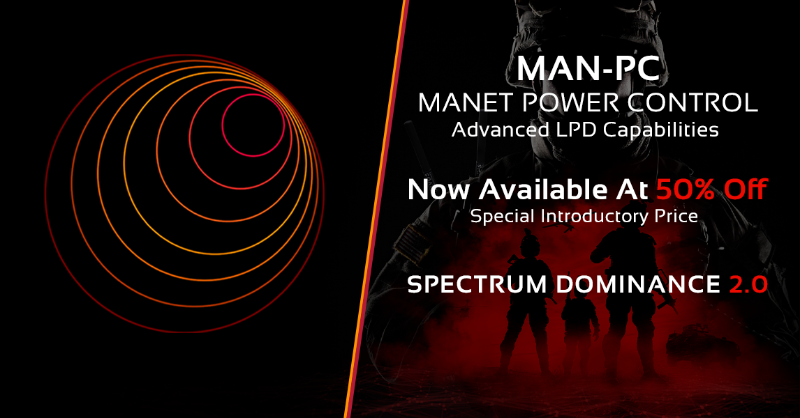 SilvusTech's tweet photo. Spectrum Dominance 2.0 delivers layered EW defenses. An LPD feature, MAN-PC minimizes the RF footprint of StreamCaster MANET radios – dynamically throttling TX power to maintain network connectivity. Now 50% off for qualified customers—limited time.