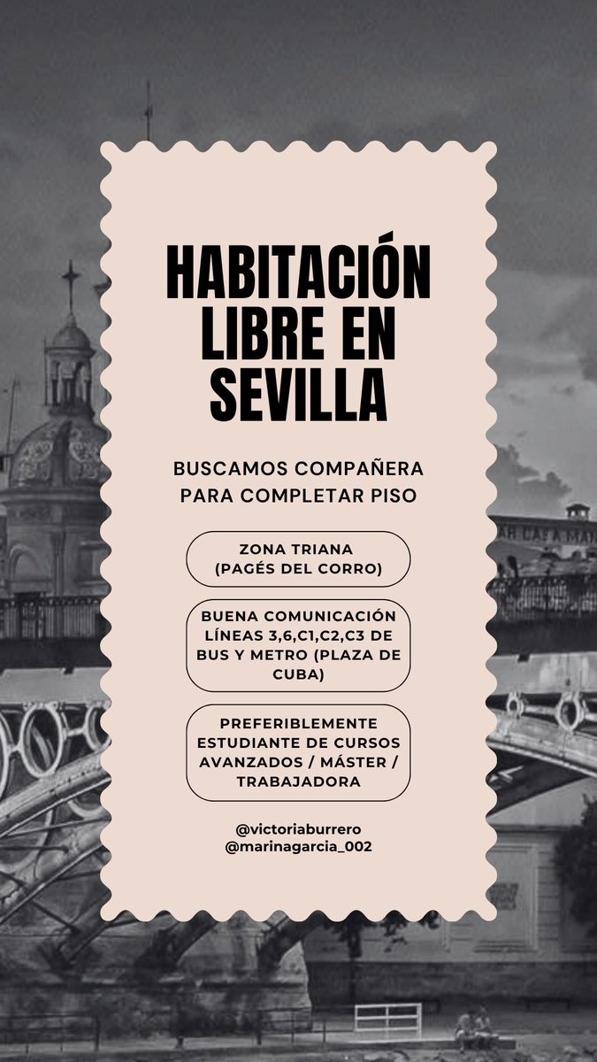 Marina (@marinagarcia_02) on Twitter photo Buscamos compañera de piso en Triana, Sevilla. Contáctanos si quieres más info!!! <a href="/victoriabch02/">Victoria Burrero</a> #pisossevilla #pisostriana #alquilersevilla #alquilertriana #pisosestudiantes Buscamos compañera de piso en Triana, Sevilla. Contáctanos si quieres más info!!! <a href="/victoriabch02/">Victoria Burrero</a> #pisossevilla #pisostriana #alquilersevilla #alquilertriana #pisosestudiantes