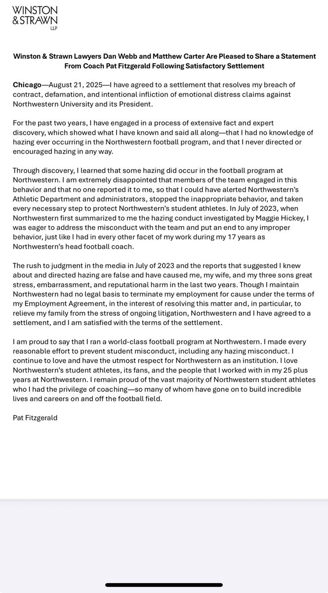 Statement from Pat Fitzgerald on the settlement with Northwestern:
