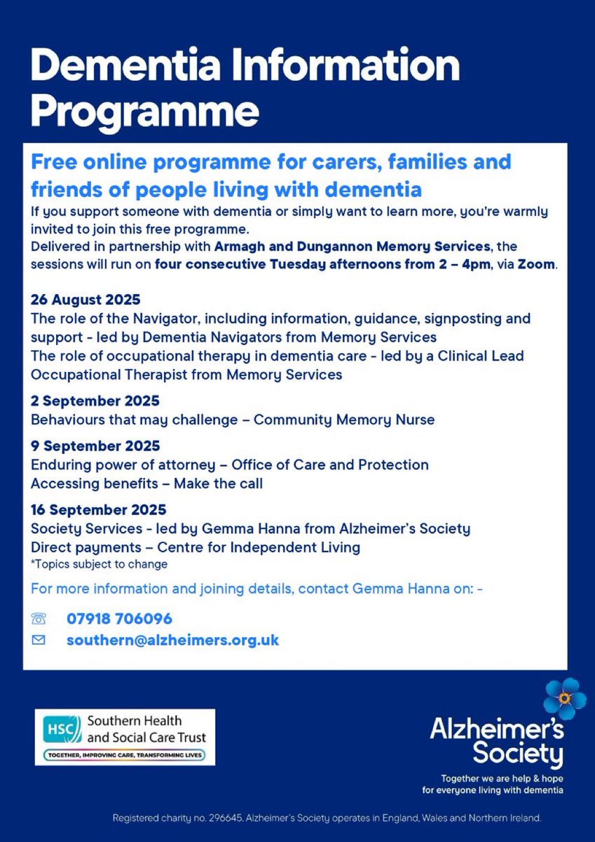 Adrian Friel (@adrian_friel02) on Twitter photo Only 5 days left to sign up for <a href="/AlzSocNI/">Alzheimer’s Society Northern Ireland</a> next dementia information programme in <a href="/SouthernHSCT/">Southern Trust</a> area contact Gemma to book on or if you are supporting a carer why not get them to book on. Contact southern@alzheimers.org.uk or scan QR code and we will send you a link. Only 5 days left to sign up for <a href="/AlzSocNI/">Alzheimer’s Society Northern Ireland</a> next dementia information programme in <a href="/SouthernHSCT/">Southern Trust</a> area contact Gemma to book on or if you are supporting a carer why not get them to book on. Contact southern@alzheimers.org.uk or scan QR code and we will send you a link.