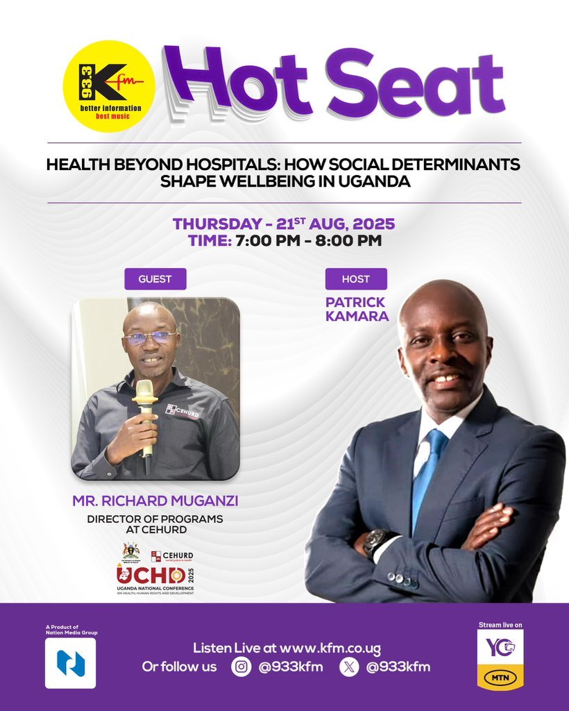 Atiluk (@atiluk_1) on Twitter photo Tonight, 7–8 PM EAT, tune in to the #HotSeat on <a href="/933kfm/">933 KFM</a> with Patrick Kamara as he hosts <a href="/cehurduganda/">CEHURD Uganda</a>’s Director of Programs, <a href="/richardmuganzi/">Richard N Muganzi</a>.
Topic: “Health Beyond Hospitals: Understanding the Social Determinants of Wellbeing in Uganda.”
From housing, education, and nutrition Tonight, 7–8 PM EAT, tune in to the #HotSeat on <a href="/933kfm/">933 KFM</a> with Patrick Kamara as he hosts <a href="/cehurduganda/">CEHURD Uganda</a>’s Director of Programs, <a href="/richardmuganzi/">Richard N Muganzi</a>.
Topic: “Health Beyond Hospitals: Understanding the Social Determinants of Wellbeing in Uganda.”
From housing, education, and nutrition
