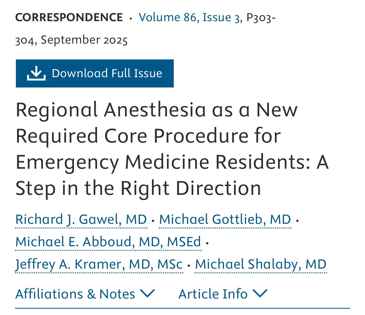 Check out our correspondence in the latest edition of <a href="/AnnalsofEM/">AnnalsofEM</a>! 

“The <a href="/acgme/">ACGME</a> proposal to incorporate nerve blocks as a core procedural requirement is a critical next step to standardize the training of regional anesthesia among EM residents.”

annemergmed.com/article/S0196-…
