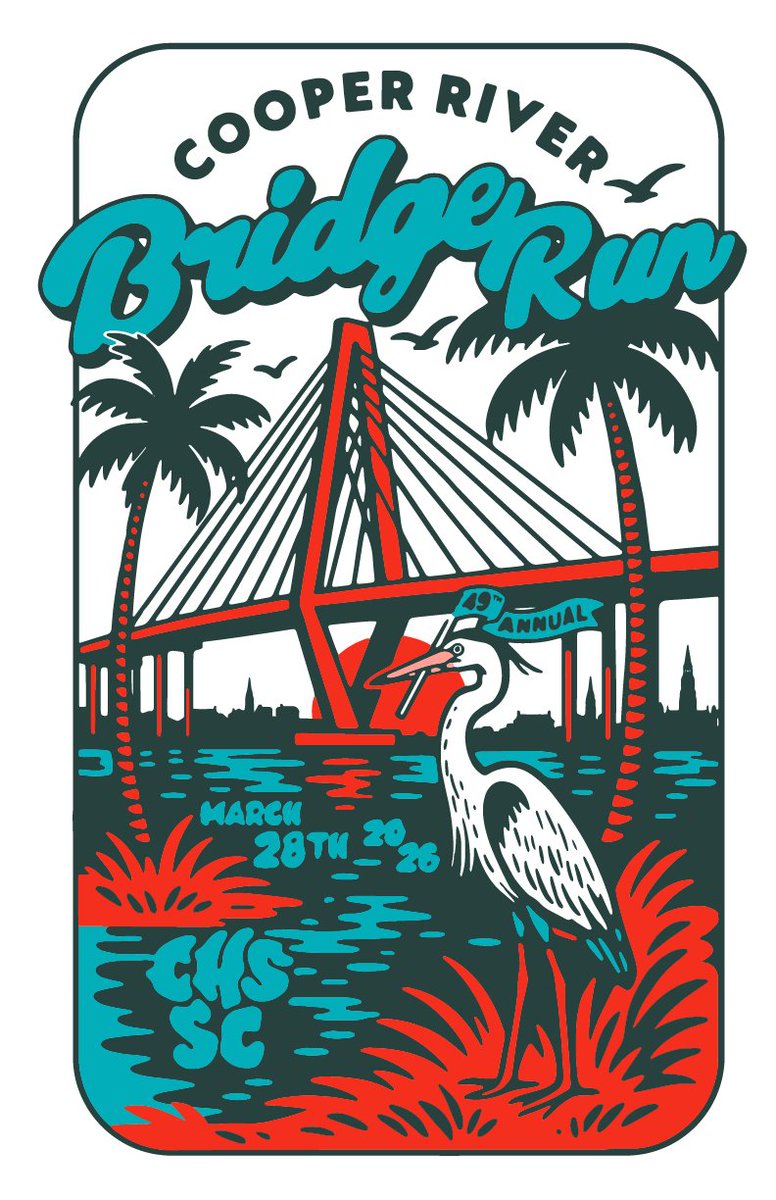 CRBridgeRun's tweet image. The official look of the 2026 Cooper River Bridge Run is finally here! 

Congratulations to our design contest winner, Marcus Cripps! We can’t wait to see this design on shirts, posters, and all around the city come race day.