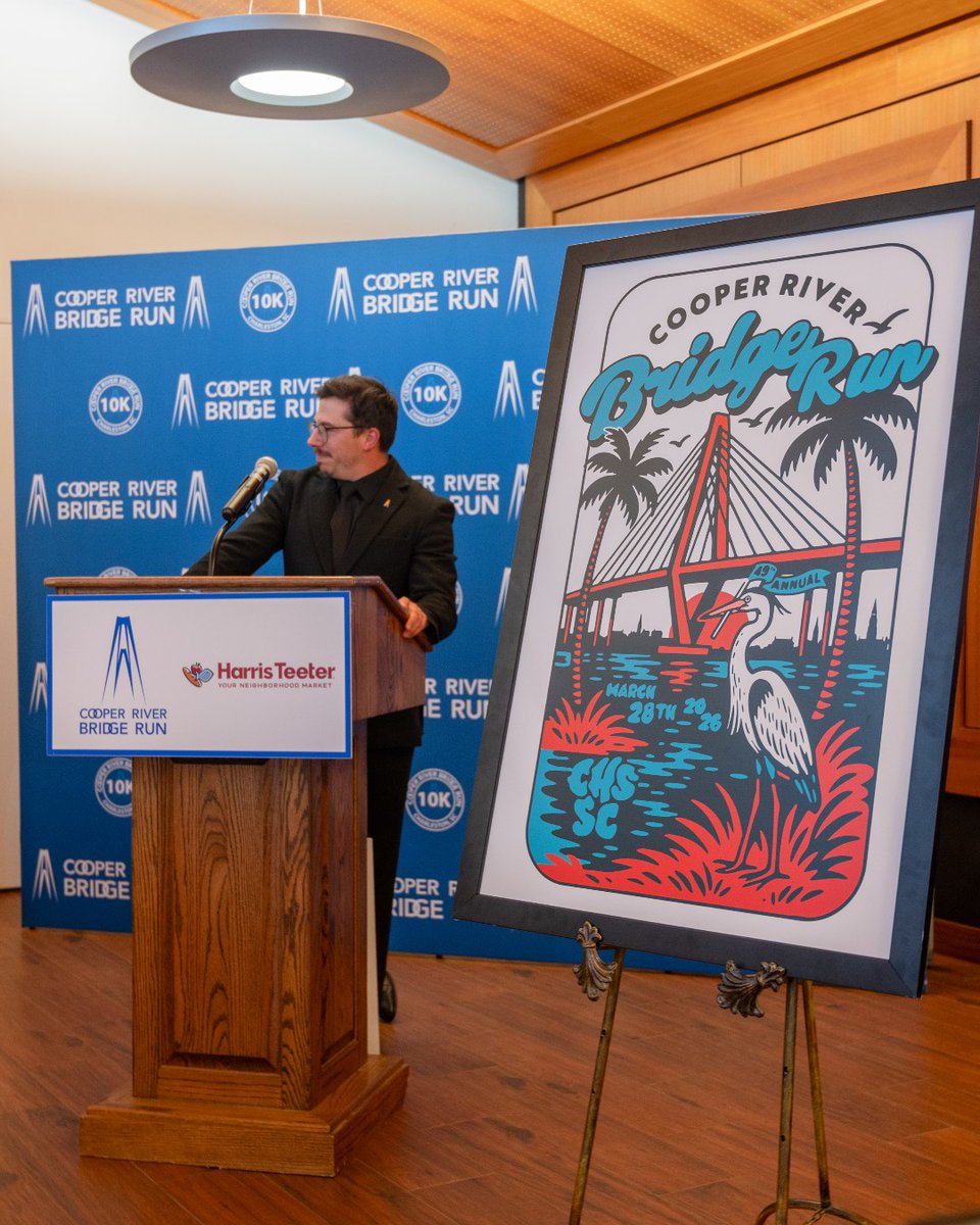 CRBridgeRun's tweet image. The official look of the 2026 Cooper River Bridge Run is finally here! 

Congratulations to our design contest winner, Marcus Cripps! We can’t wait to see this design on shirts, posters, and all around the city come race day.
