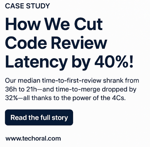 Techoraltweet's tweet image. 🚀 Case Study: How We Cut Code Review Latency by 40%!

Want smoother, happier code reviews? Start with the habits that made a difference.

Read the full story: techoral.com/blog/review-la…

#DevOps #EngineeringCulture #CodeReview #Productivity
