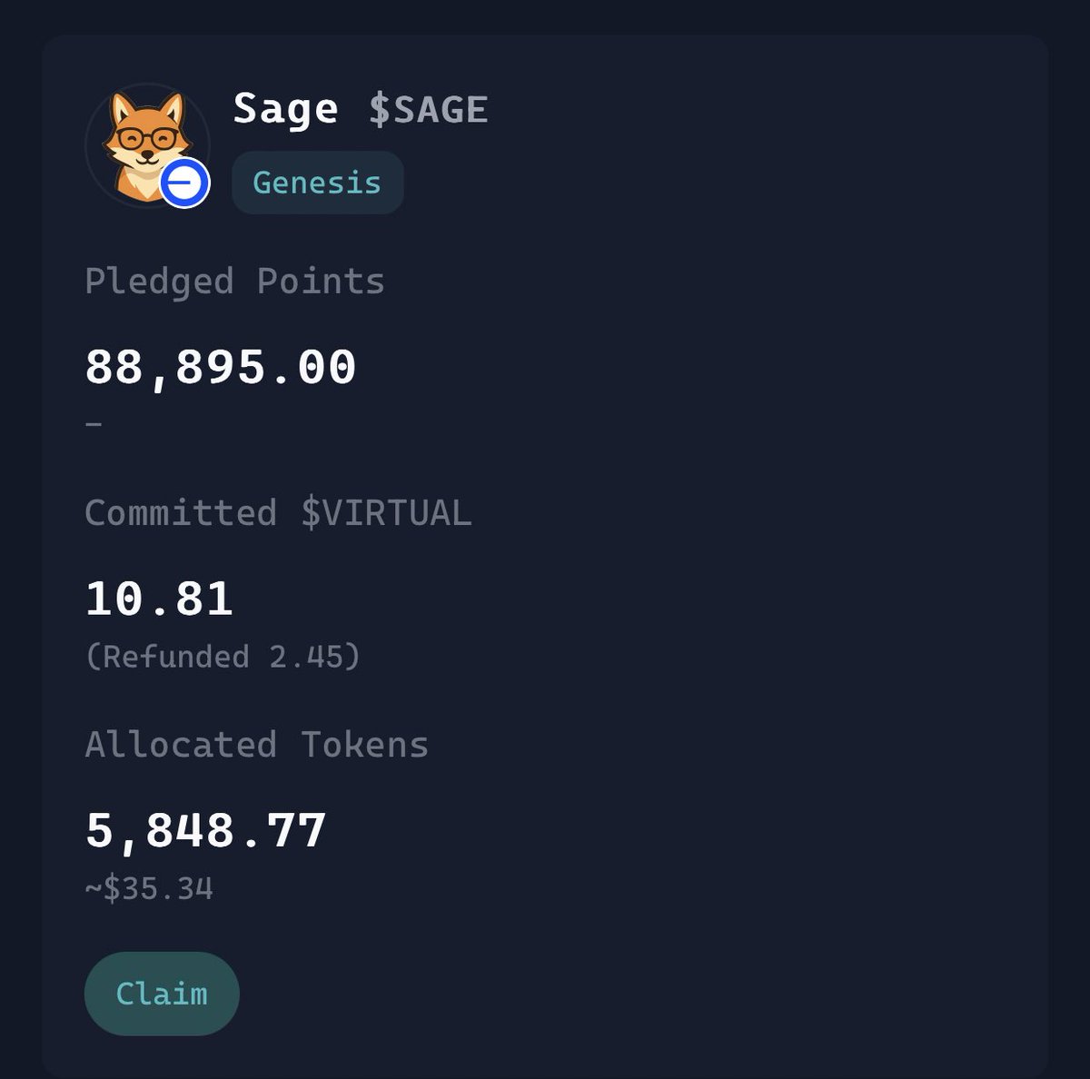 88k points gave $35

$SAGE did, thanks for playing virgens 
team shifted their allocation to 90 days before unlock…. bullish on team 

also live on <a href="/arbusai/">Arbus</a> 
what’s next virgens