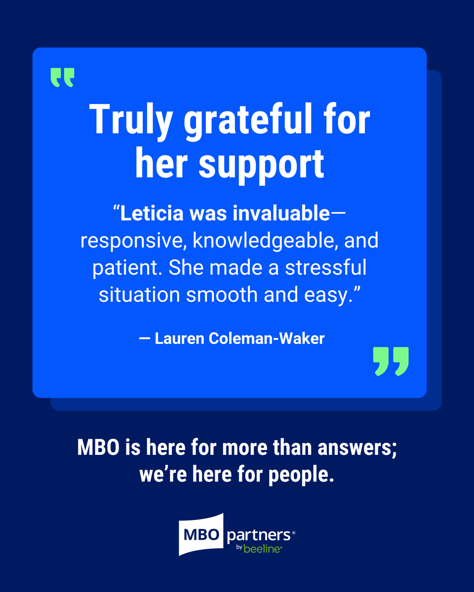 MBOpartners's tweet image. “I had a great experience with MBO’s Care Team... Leticia was invaluable, patient, and responsive.”
Big shoutout to our team for showing what real support looks like.
mbopartners.com/independent-pr…

#ClientSupport #IndependentProfessionals #MBOTalent #Testimonial