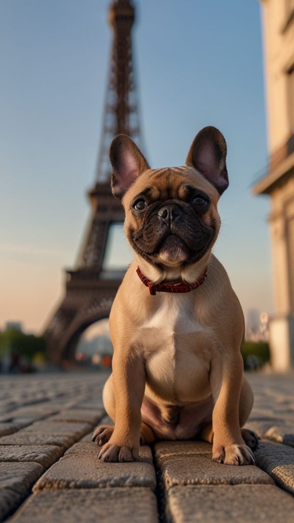 "Un cachorro de bulldog francés, sentado en una calle adoquinada con la Torre Eiffel al fondo". 🐕🗼🌞
#AnimalLovers