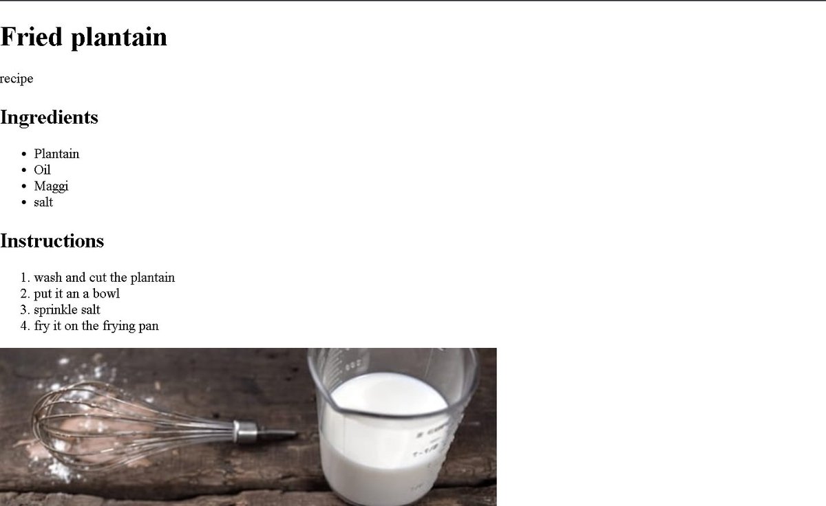DRex_code's tweet image. 💻 Just built my first recipe page using HTML! 🍽️
Titled it: Fried Plantain 😋
✅ Added headings
✅ Ingredient list
✅ Step-by-step instructions
✅ An image to finish it off!
Excited to keep improving my web dev skills 🚀 #100DaysOfCode #WebDev #HTML
