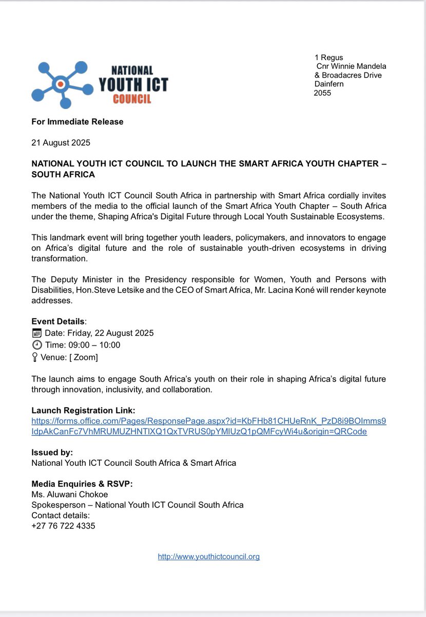 For Immediate Release

21 August 2025

NATIONAL YOUTH ICT COUNCIL TO LAUNCH THE SMART AFRICA YOUTH CHAPTER – SOUTH AFRICA