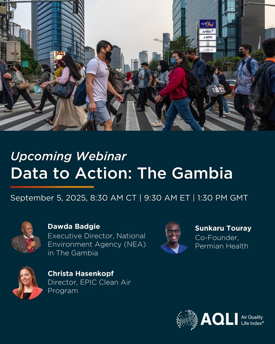 Join EPIC’s Christa Hasenkopf, <a href="/stouraymd/">Sunkaru Touray, MD</a> of <a href="/permianhealth/">@PermianHealth</a>  ​&amp; Dr. Dawda Badgie of the National Environment Agency in The Gambia on Sept 5 for a discussion on the strides in air quality monitoring &amp; policy that are taking place in The Gambia.

Register: bit.ly/3JrBwz5