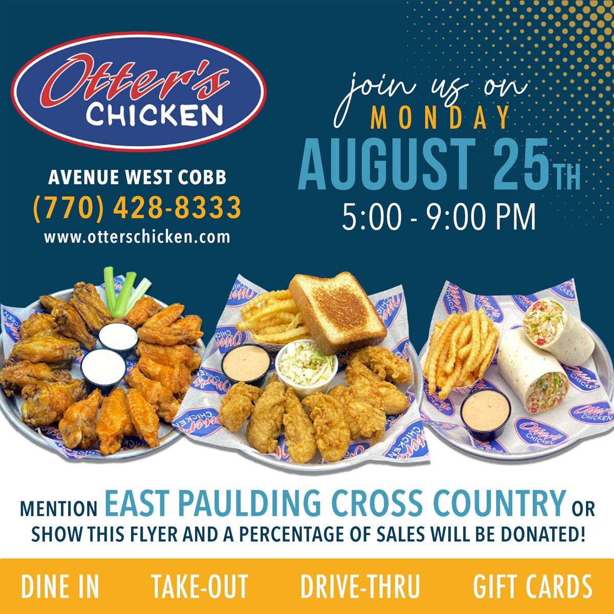 EPHS T&F XC (@ephstfxc) on Twitter photo Come support our team on Monday 8/25 from 5-9pm! MENTION EAST PAULDING CROSS COUNTRY at checkout! Our team gets a percent of those sales!
Leave a 5* review and it helps us even more!!!
<a href="/otterschicken/">Otter's Chicken</a>
<a href="/AthleticsEP/">EPHS Athletics</a> Come support our team on Monday 8/25 from 5-9pm! MENTION EAST PAULDING CROSS COUNTRY at checkout! Our team gets a percent of those sales!
Leave a 5* review and it helps us even more!!!
<a href="/otterschicken/">Otter's Chicken</a>
<a href="/AthleticsEP/">EPHS Athletics</a>