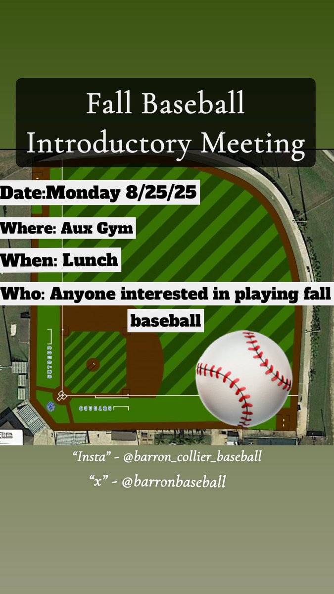Barron Collier Baseball (@barronbaseball) on Twitter photo COUGARS…..Let’s talk baseball! Monday morning, 8/25, at 11:40 am in the aux gym. See you there!
<a href="/AJ3Hunter/">Coach Adam Johnson</a> <a href="/BarronCollier/">Barron Collier</a> COUGARS…..Let’s talk baseball! Monday morning, 8/25, at 11:40 am in the aux gym. See you there!
<a href="/AJ3Hunter/">Coach Adam Johnson</a> <a href="/BarronCollier/">Barron Collier</a>