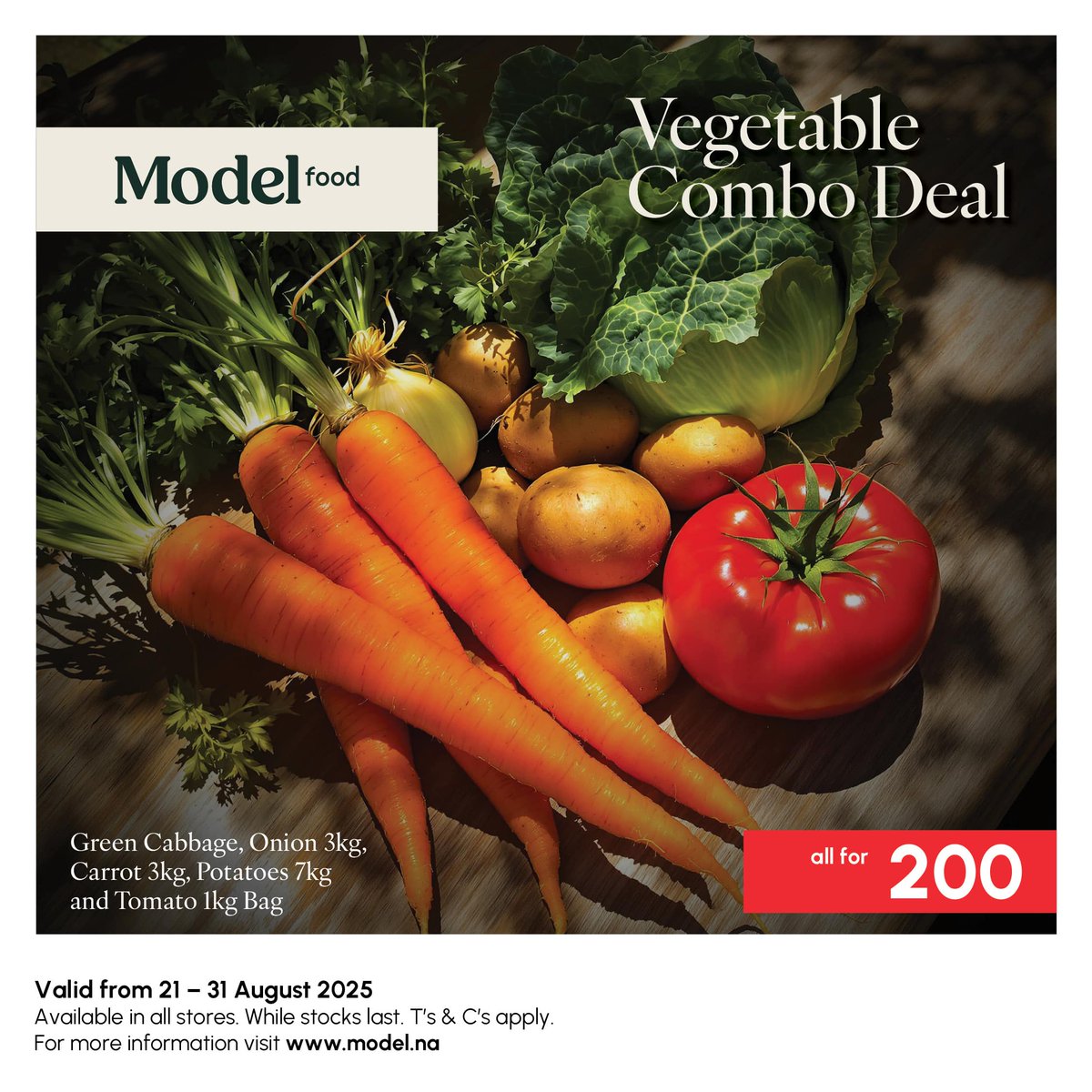 Your weekly essentials just got better. Fresh carrots, onions, potatoes, cabbage &amp; tomatoes, all 5 for N$200!

#ModelNamibia #ElevateTheEveryday