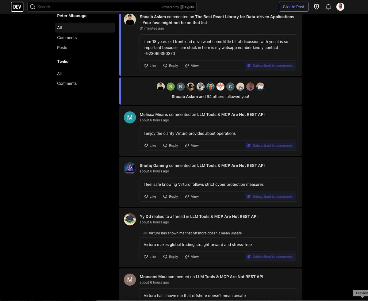 Peter Mbanugo (@p_mbanugo) on Twitter photo I keep seeing such spam messages on <a href="/ThePracticalDev/">DEV Community</a> since 2 weeks ago.
Looks like bots/spam are going to take over DEV very soon 🫤
I reported one last week but haven't seen any response to my report. I keep seeing such spam messages on <a href="/ThePracticalDev/">DEV Community</a> since 2 weeks ago.
Looks like bots/spam are going to take over DEV very soon 🫤
I reported one last week but haven't seen any response to my report.
