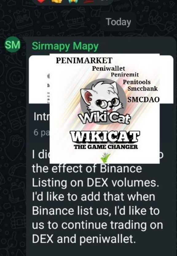 Apsa Kinya (@apsakinya) on Twitter photo ๐จ RUMOUR ๐จ
$WKC WILL BE LIST BINANCE SOON  ๐
Let's see what happens ๐ฅฐ
Don't sleep on $WKC 
1000x or nothing ๐ฅ
$WKC WIKICAT #binance ๐จ RUMOUR ๐จ
$WKC WILL BE LIST BINANCE SOON  ๐
Let's see what happens ๐ฅฐ
Don't sleep on $WKC 
1000x or nothing ๐ฅ
$WKC WIKICAT #binance