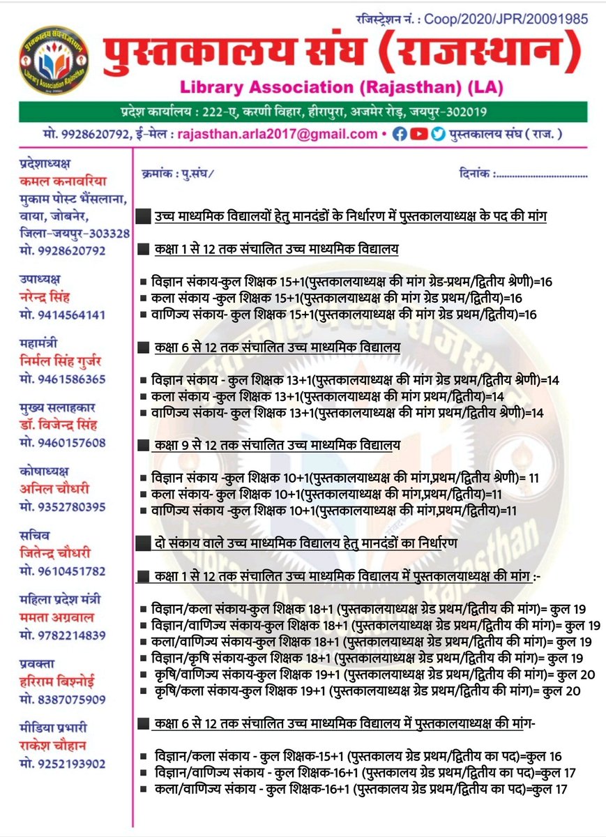 kamal_kanawaria's tweet image. पुस्तकालय संघ के मांग पत्र के अनुसार पुस्तकालय में स्टाफिंग लागू किया जाना चाहिए।
जब एक विद्यालय में PTI की आवश्यकता है तो पुस्तकालयाध्यक्ष की क्यों नहीं ।
जब कि पुस्तकालय विद्यालय का ह्रदय होता हैं
#StaffingPatternForLibrarians 
@rajeduofficial @KumariDiya @RajCMO