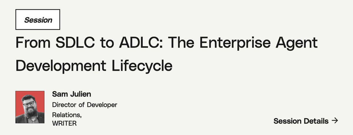 Sam Julien (@samjulien) on Twitter photo I've been so busy lately that I haven't had a chance to share that I'm speaking at the <a href="/lambdatesting/">LambdaTest</a> TestMu conference today at 1:15 pm Pacfic!
I'll be speaking on the Agent Developer Lifecyle we've been fleshing out at <a href="/Get_Writer/">WRITER</a>. 
See you there! lambdatest.com/testmuconf-2025 I've been so busy lately that I haven't had a chance to share that I'm speaking at the <a href="/lambdatesting/">LambdaTest</a> TestMu conference today at 1:15 pm Pacfic!
I'll be speaking on the Agent Developer Lifecyle we've been fleshing out at <a href="/Get_Writer/">WRITER</a>. 
See you there! lambdatest.com/testmuconf-2025