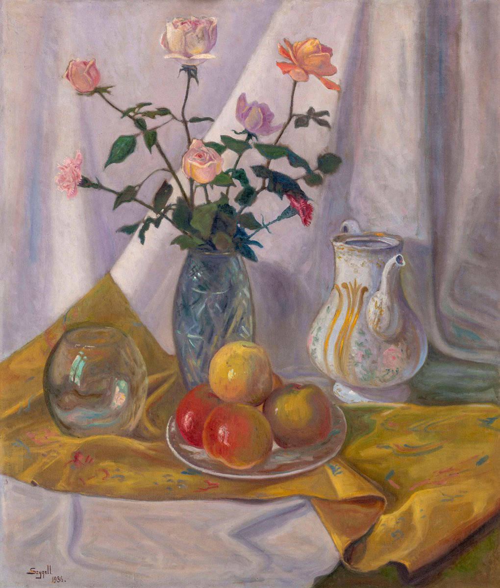 Stanisław Szygell - Kwiaty i owoce (olej na płótnie, 92 x 78 cm), przed 1941, Muzeum Narodowe w Lublinie. #PolishMastersofArt